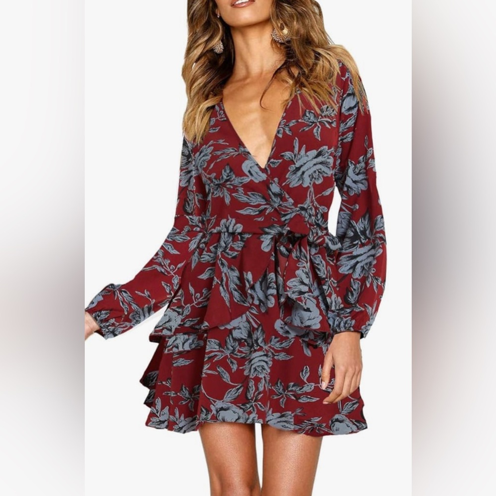 Floral Wrap Dress in Red and Dusty Blue